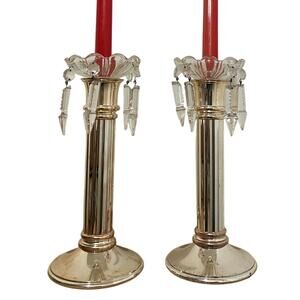 Pair of Candlesticks Mercury Chrome & Glass 11" Tall Vintage Candles Included